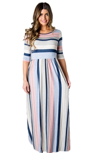 BY61660-1 Light Multicolor Striped Half Sleeve Casual Maxi Dress
